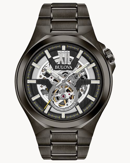 Bulova Maquina Black Dial Black Stainless Steel Watch