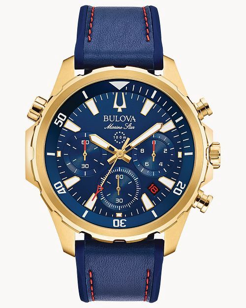 Bulova Marine Star Men&#39;s Gold Case Blue Dial Blue Strap Watch