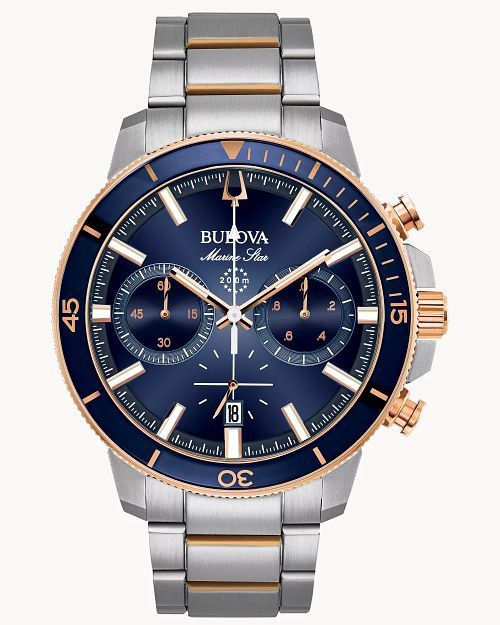 Mia Monserrat Bulova Marine Star Men&#39;s Rose Gold Blue Dial Watch