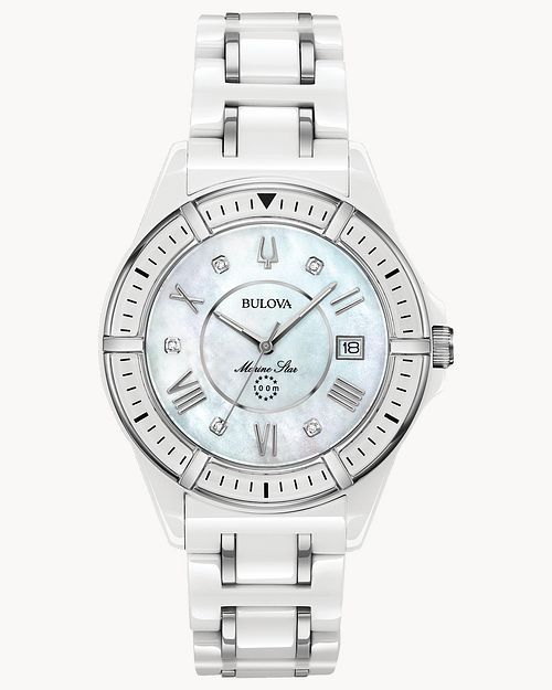 Bulova Marine Star Diamond Women&#39;s White Dial Stainless Steel Watch 98P172