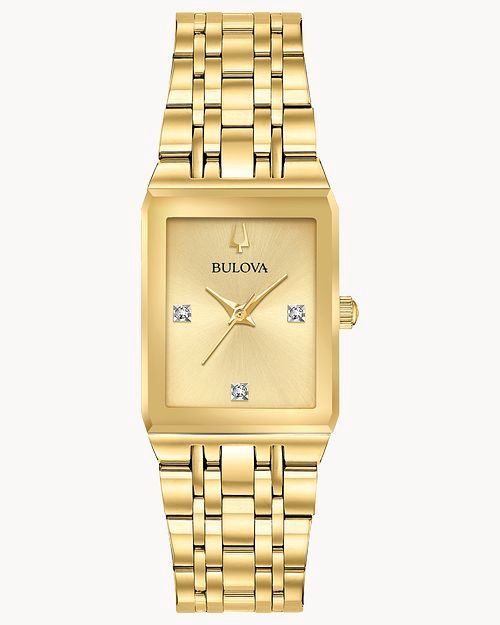 Bulova Quadra Gold Dial Diamond Rectangular Steel Watch