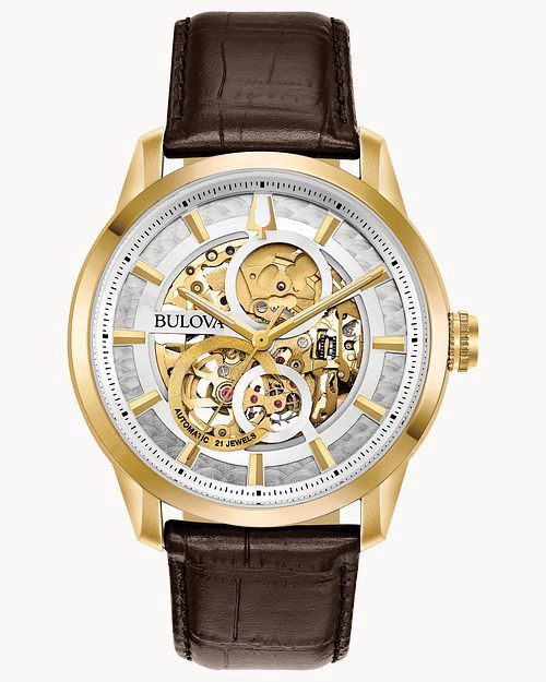 Bulova Sutton Men&#39;s Gold Case White Dial Leather Classic Watch
