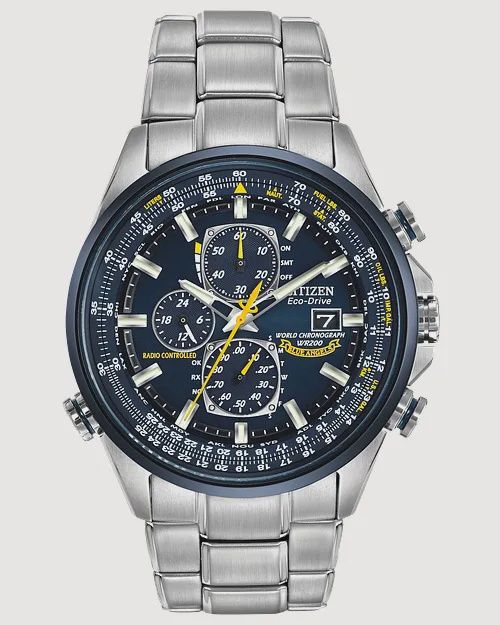 World Chronograph A-T - Men&#39;s Eco-Drive Steel Blue Dial Watch