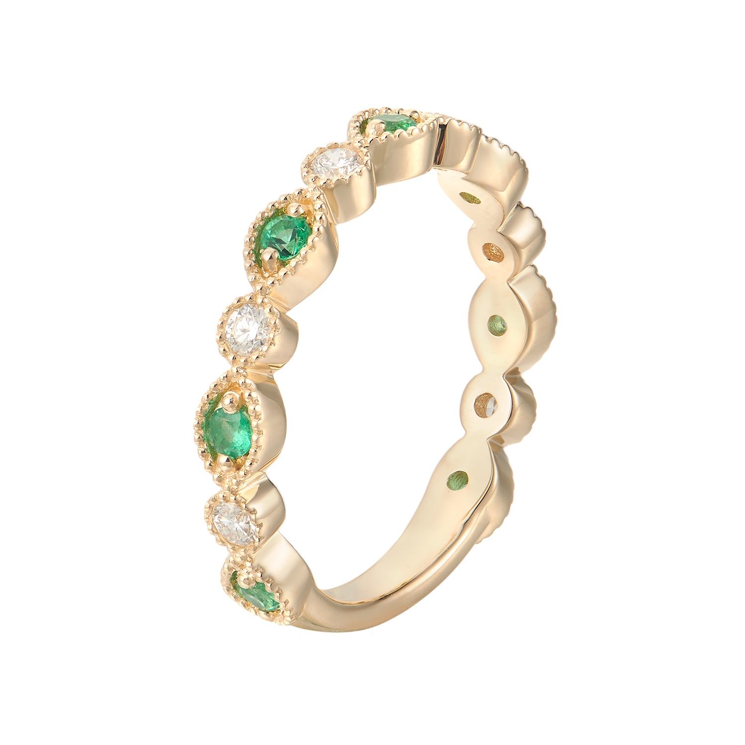 14K Yellow Gold Natural Diamond And Natural Gem Wedding Band MZ2358, Colour: 14KYellow-2.79g-0.409ct-Emerald