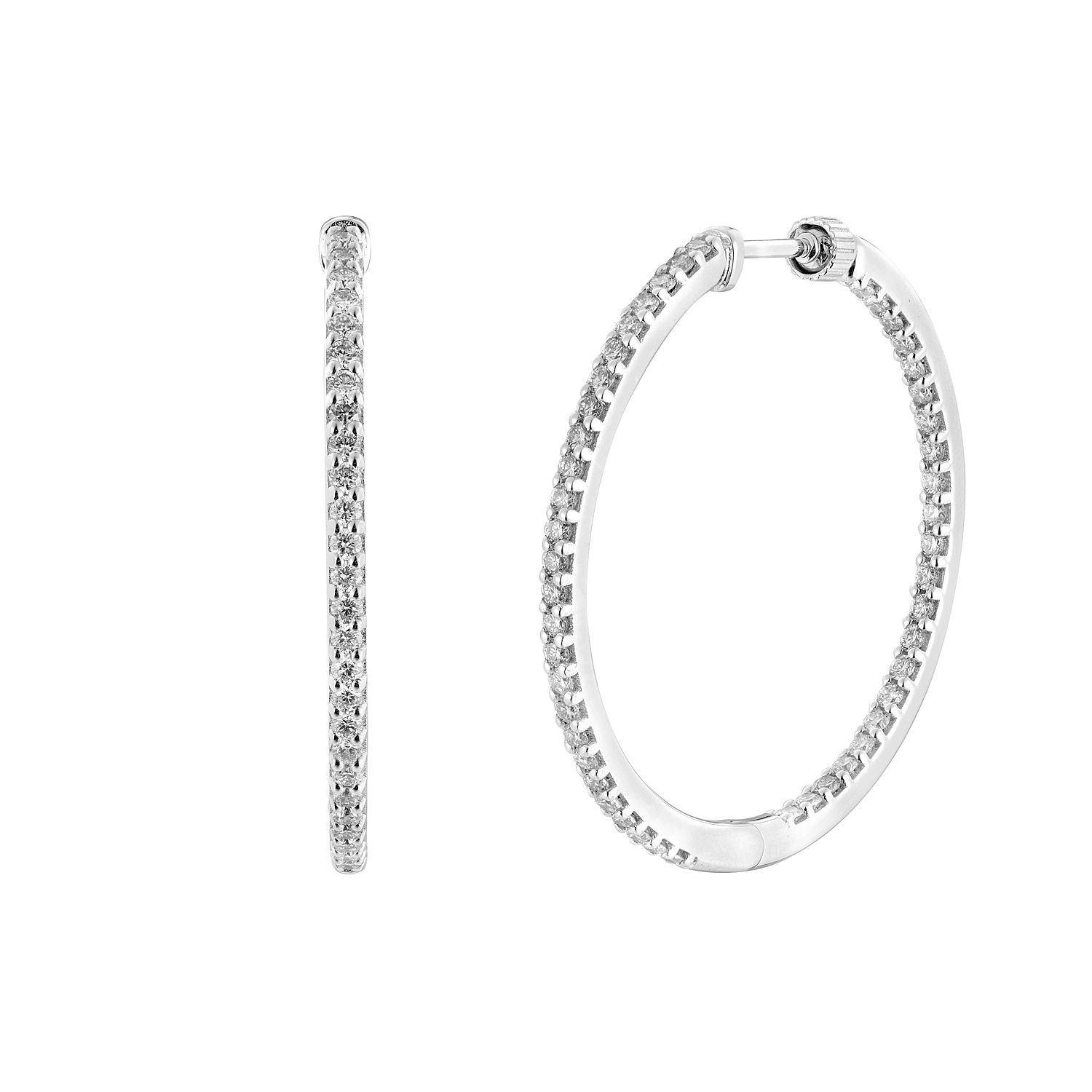 14K White Gold Round Natural Diamond  Hoop Earrings GP7, Colour: 14K White