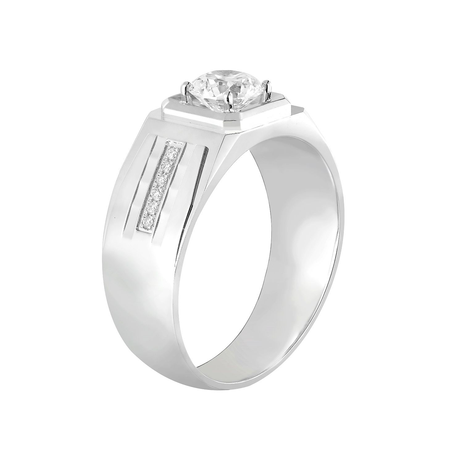 14K White Gold Round Center Lab Grown Diamond Men’s Ring NJ1036A
