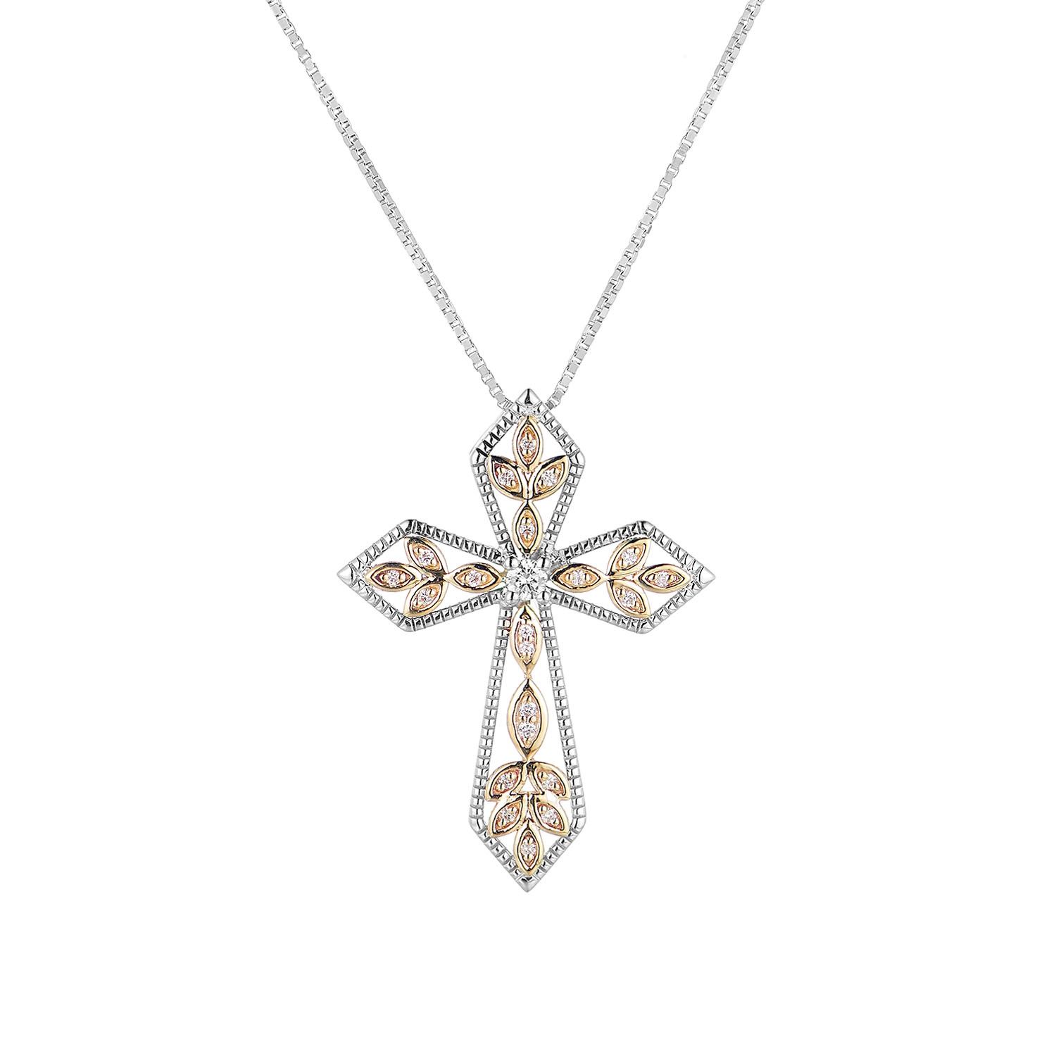 14K White Gold 14K Yellow Gold Natural Diamond  Cross Pendant Necklace MZ10065, Colour: 14KWY-7.39g-0.158ct-ND