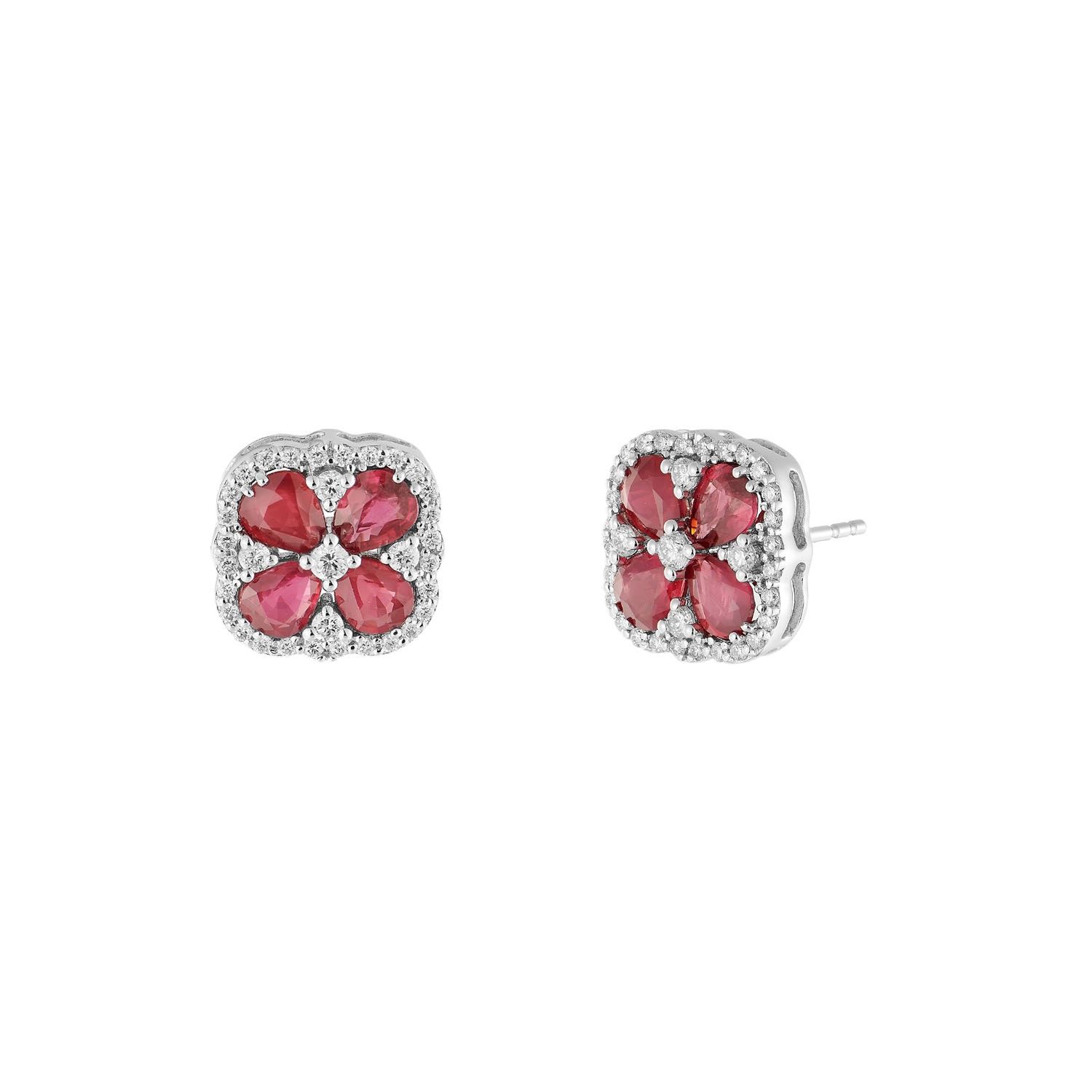 14K White Gold Natural Ruby Diamond Stud Earrings MZ9443