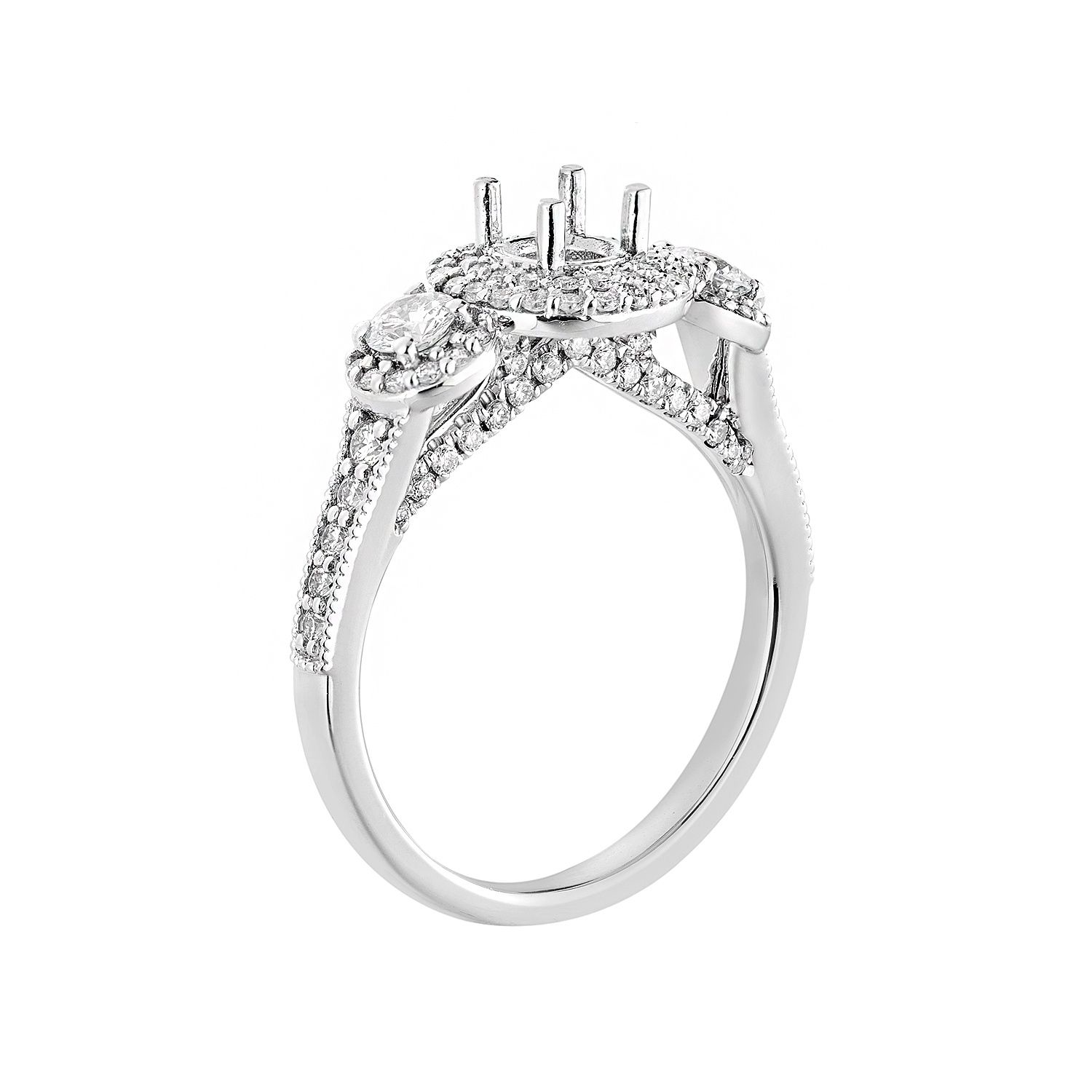 14K White Gold Three Stone Round Halo Engagement Ring MZ61210 Natural Diamond, Colour: 14KWhite-3.84g-0.791ct-ND