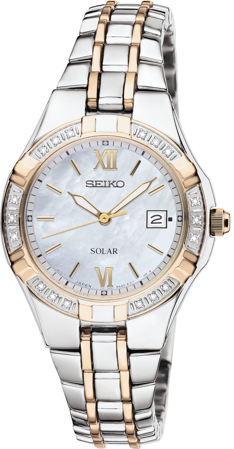 Seiko Diamonds SS TT Solar Mother of Pearl Dial Women&#39;s Watch SUT068