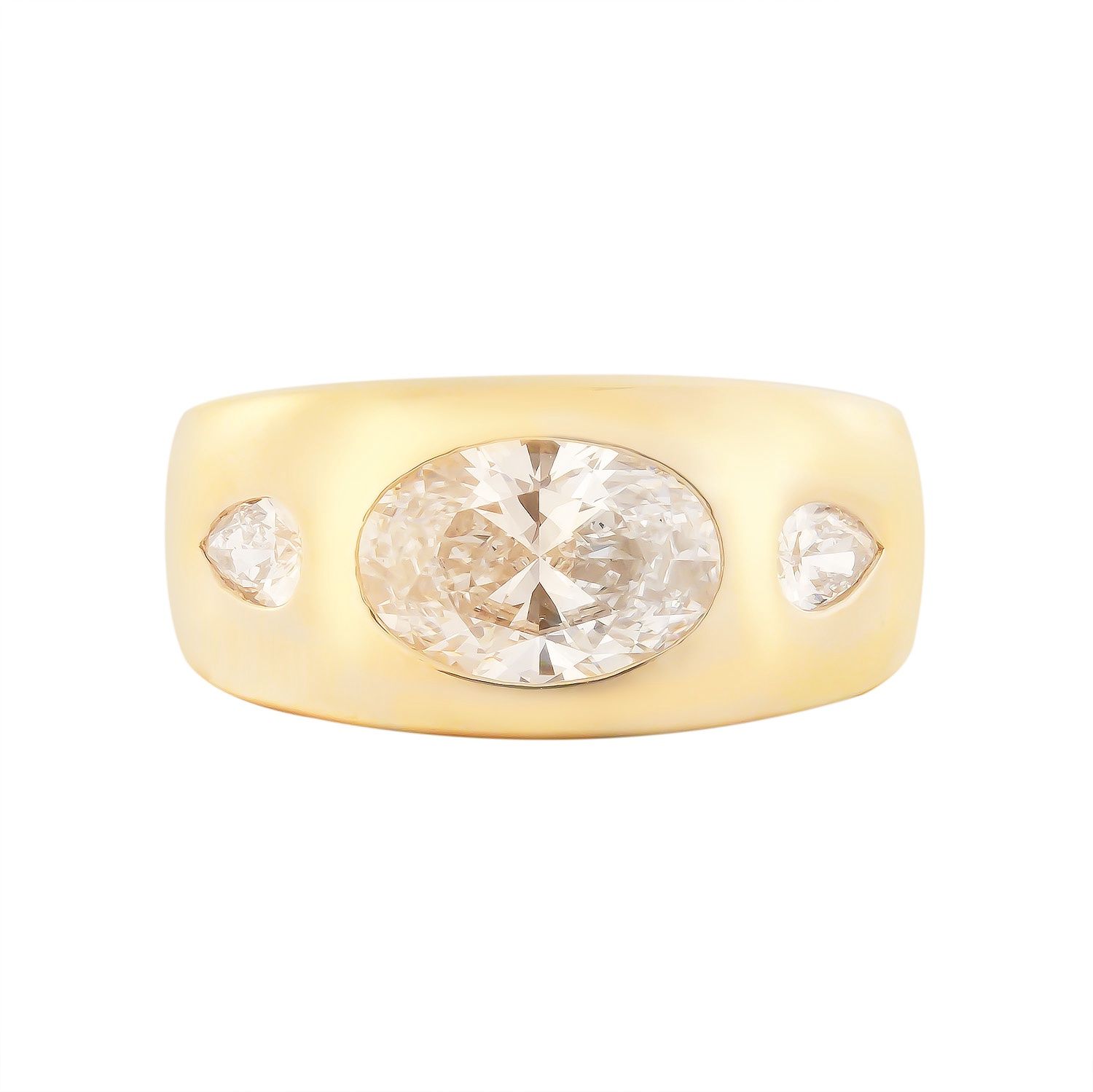 IGI Certificate 14K Yellow Gold Lab Grown Oval Diamond Three Stone Wide Ring MZ30333