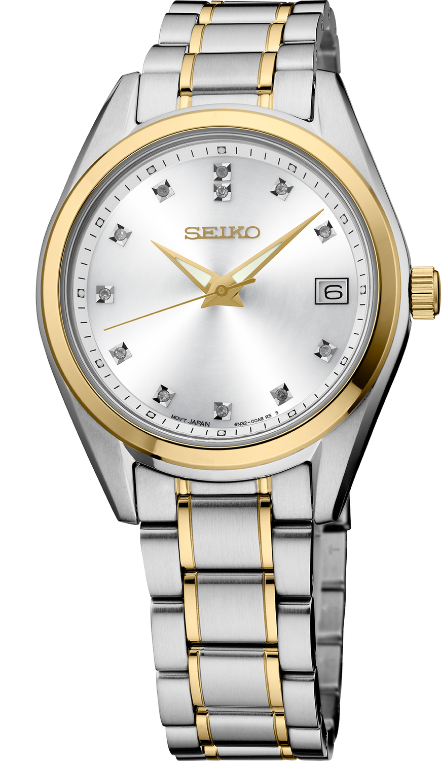Seiko DIAMONDS Quartz Two Tone Silver Dial Stainless Steel Women&#39;s Watch SUR582