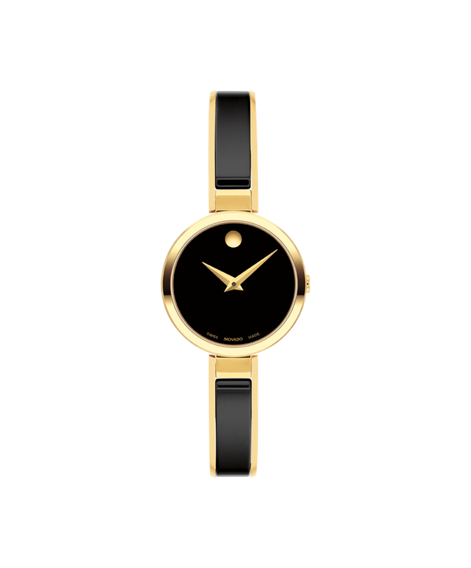 Movado Black Dial Gold Tone Stainless Steel Bangle Women’s Watch 0607714