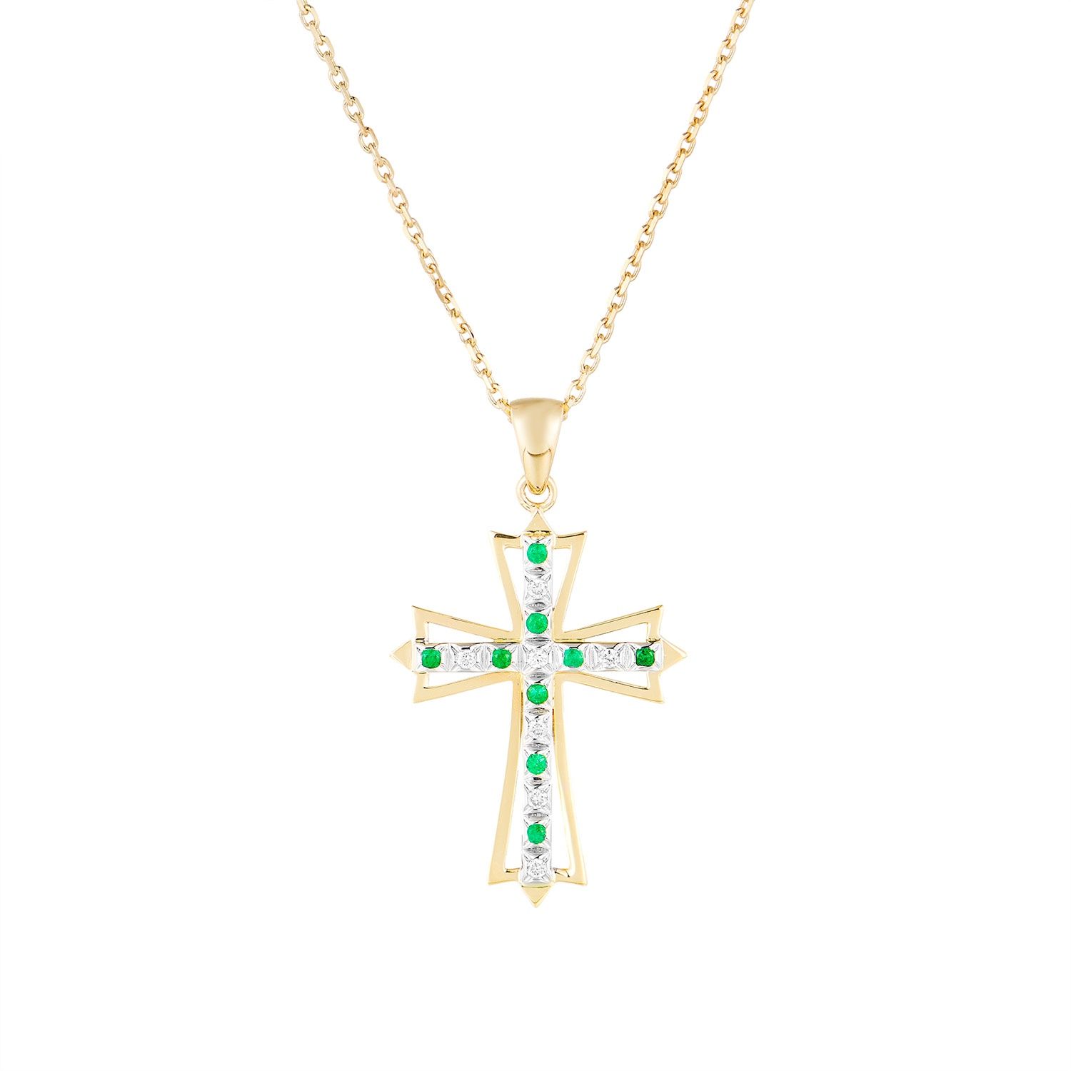 14K White And 14K Yellow Gold Cross Natural Emerald And Diamond Pendant Necklace MZ9722