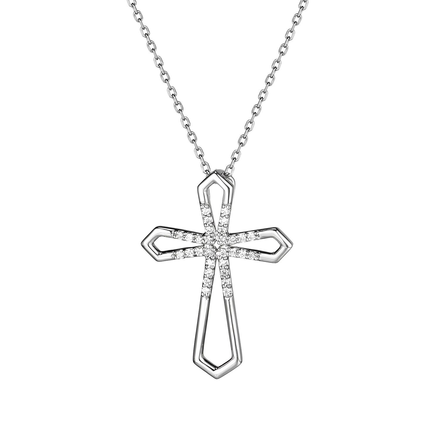 14K White Gold Cross Natural Diamond Pendant Necklace MZ9271