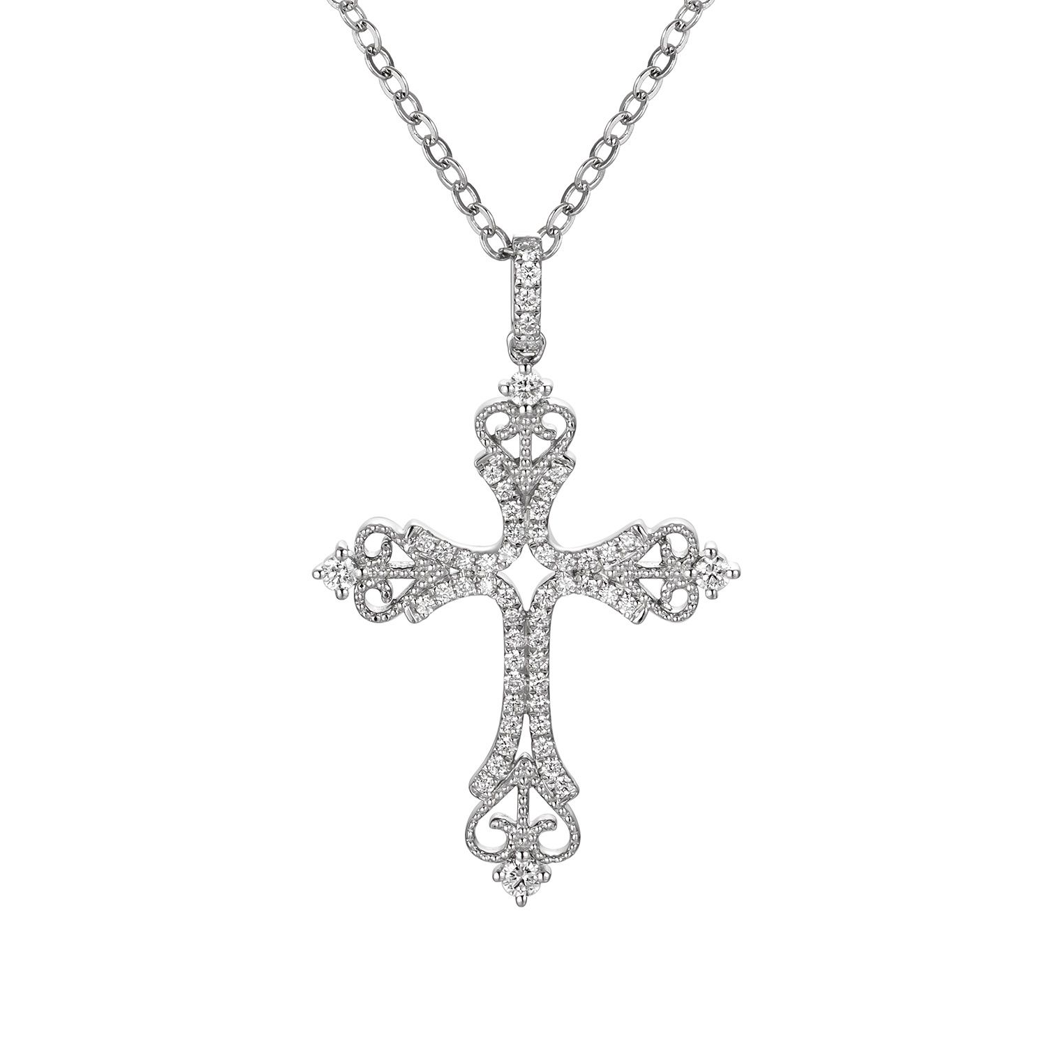14K White Gold Cross Natural Diamond Pendant Necklace MZ9507