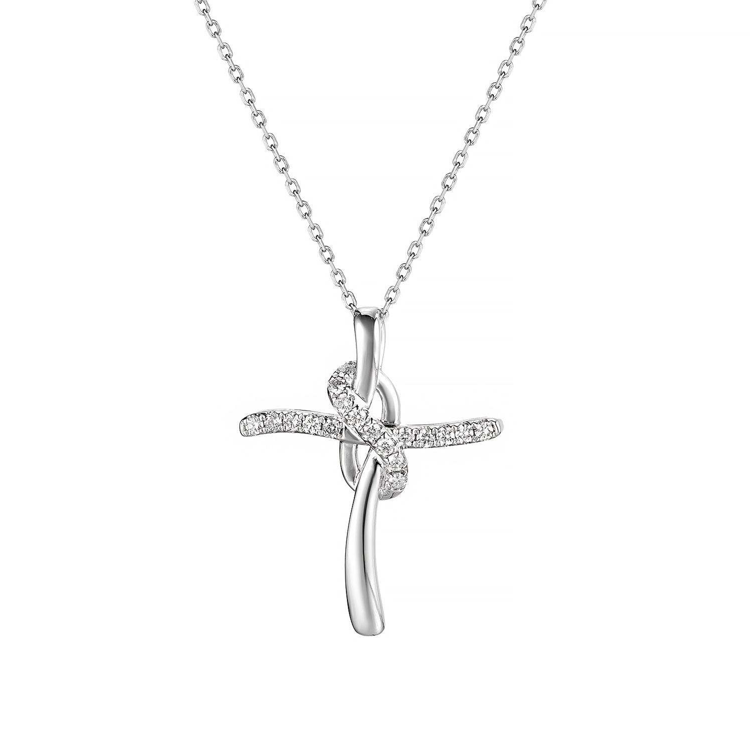14K White Gold Cross Natural Diamond Pendant Necklace | MZ61196