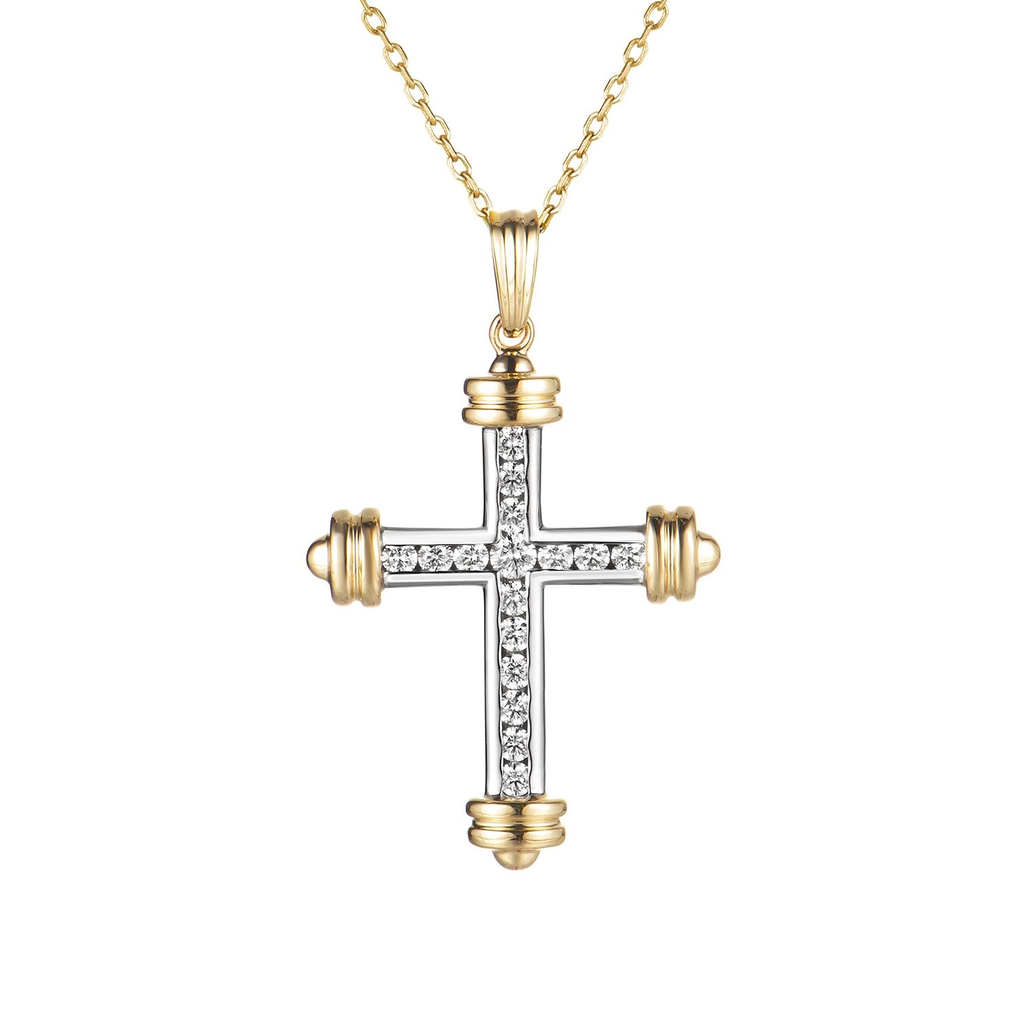 14K White Gold 14K Yellow Gold Cross Natural Diamond Pendant Necklace MZ71013