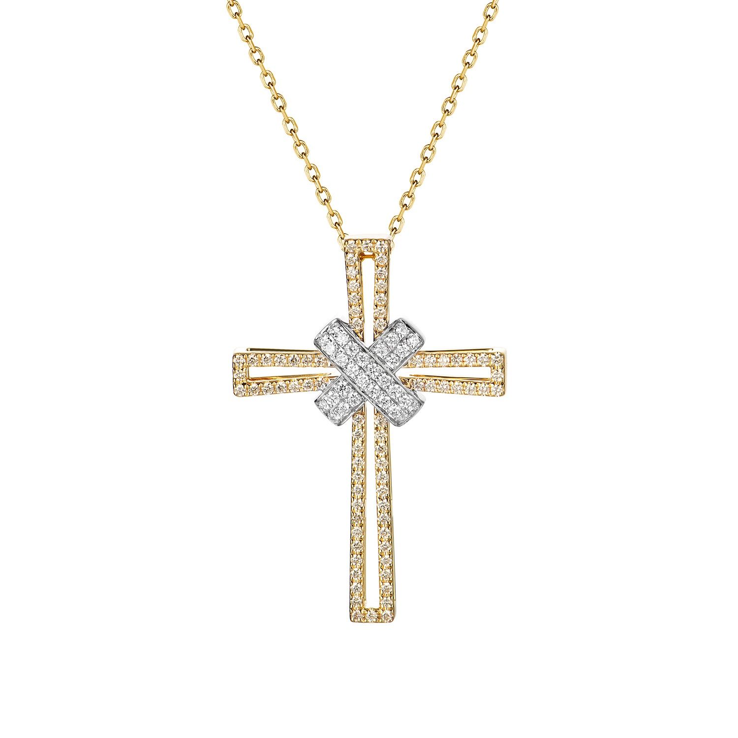 14K White Gold And 14K Yellow Gold Cross Natural Diamond Pendant Necklace MZ61445