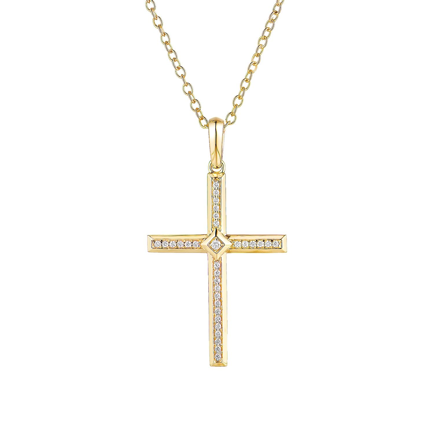 14K Yellow Gold Cross Natural Diamond Pendant Necklace MZ61532