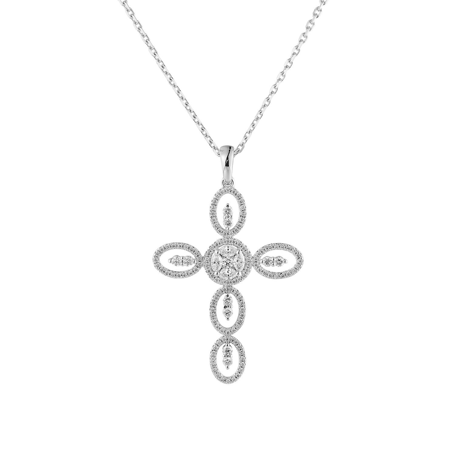 14K White Gold Cross Natural Diamond Pendant Necklace MZ71474