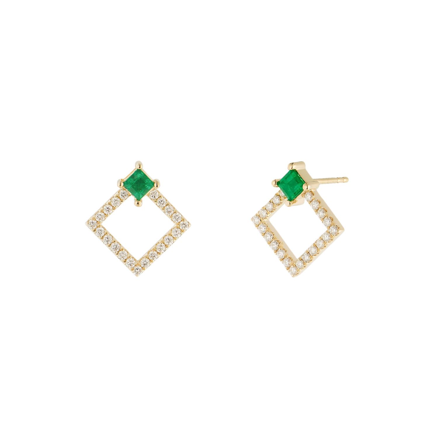 14K Yellow Gold Square-Cut Emerald Stud Earrings MZ61364, Colour: Yellow