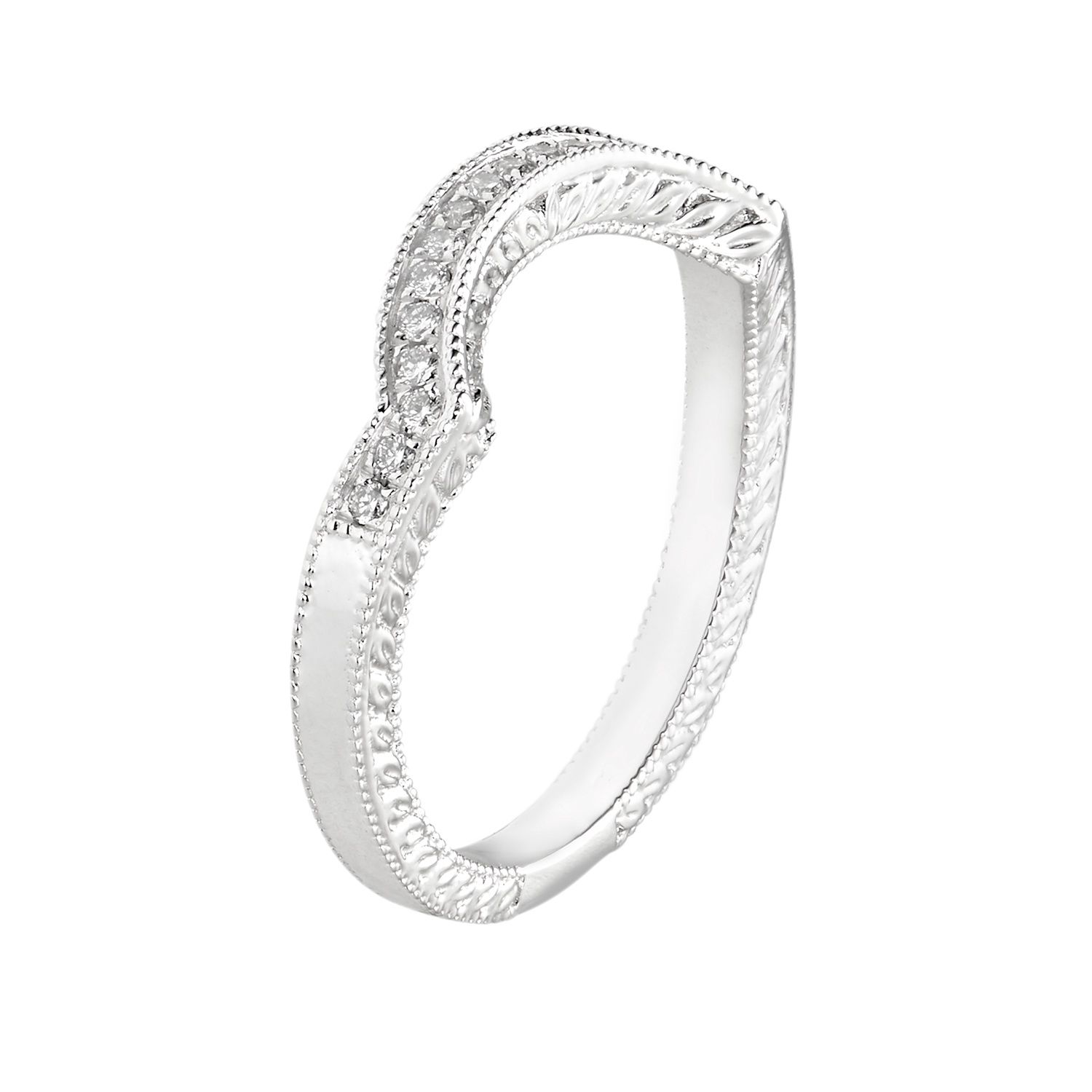 14K White Gold Curved Natural Diamond  Band MZ5659, KW: 14KWhite-3.54g-0.124ct-ND