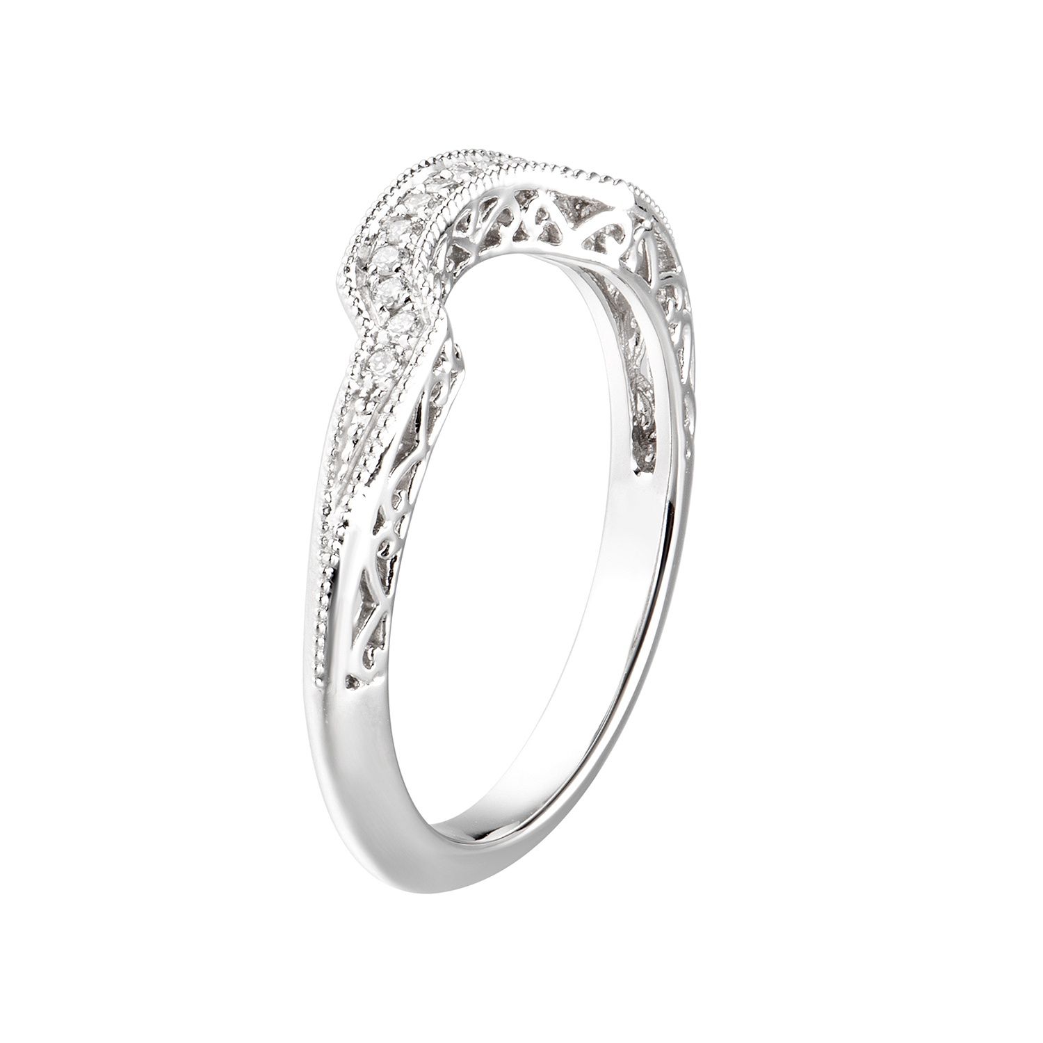 14K White Gold Curved Natural Diamond  Band MZ5652, Colour: 14KWhite-2.59g-0.094ct-ND