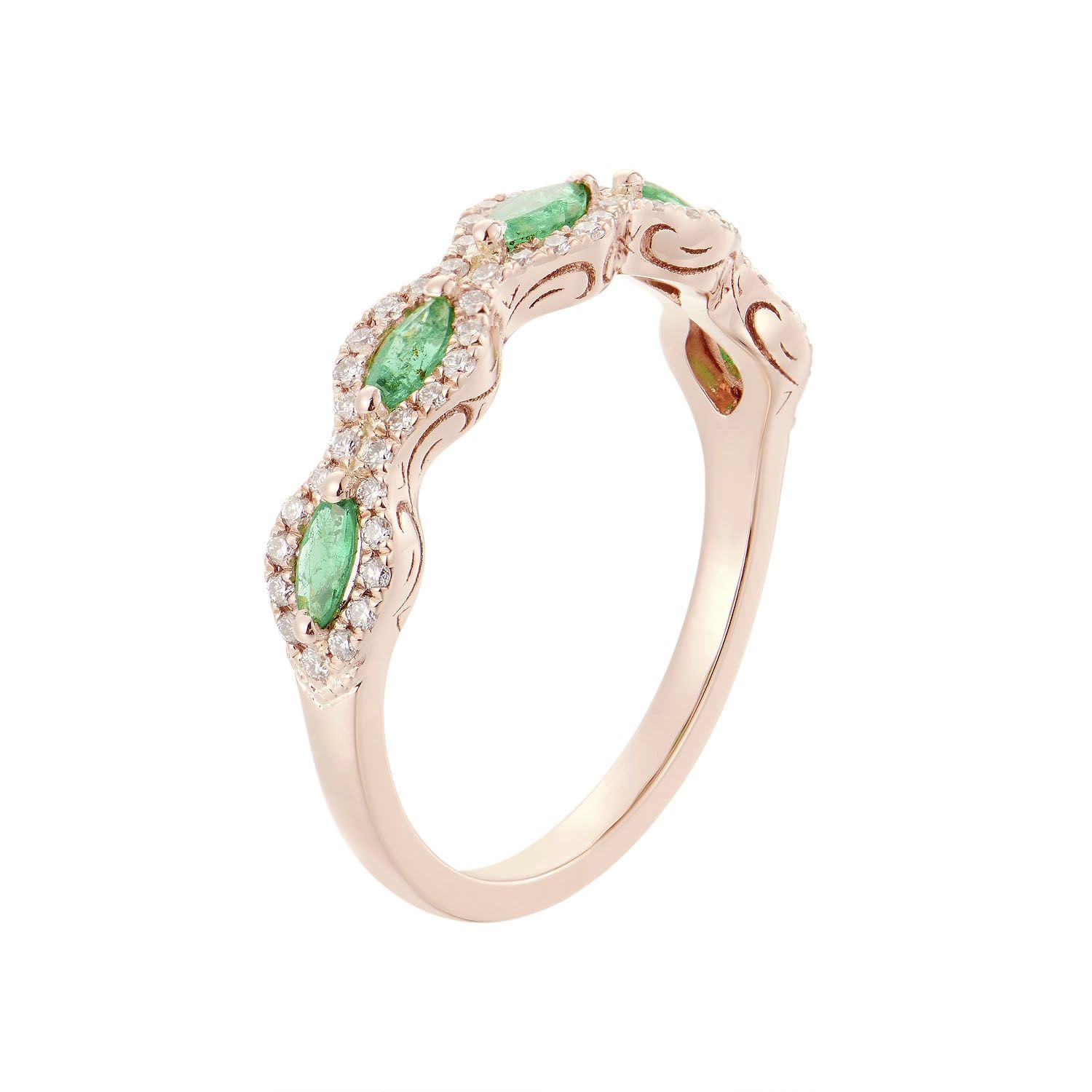 14K Rose Gold Natural Diamond And Emerald Ruby Anniversary Band MZ6034, Colour: 14KRose-2.55g-0.552ct-CGE