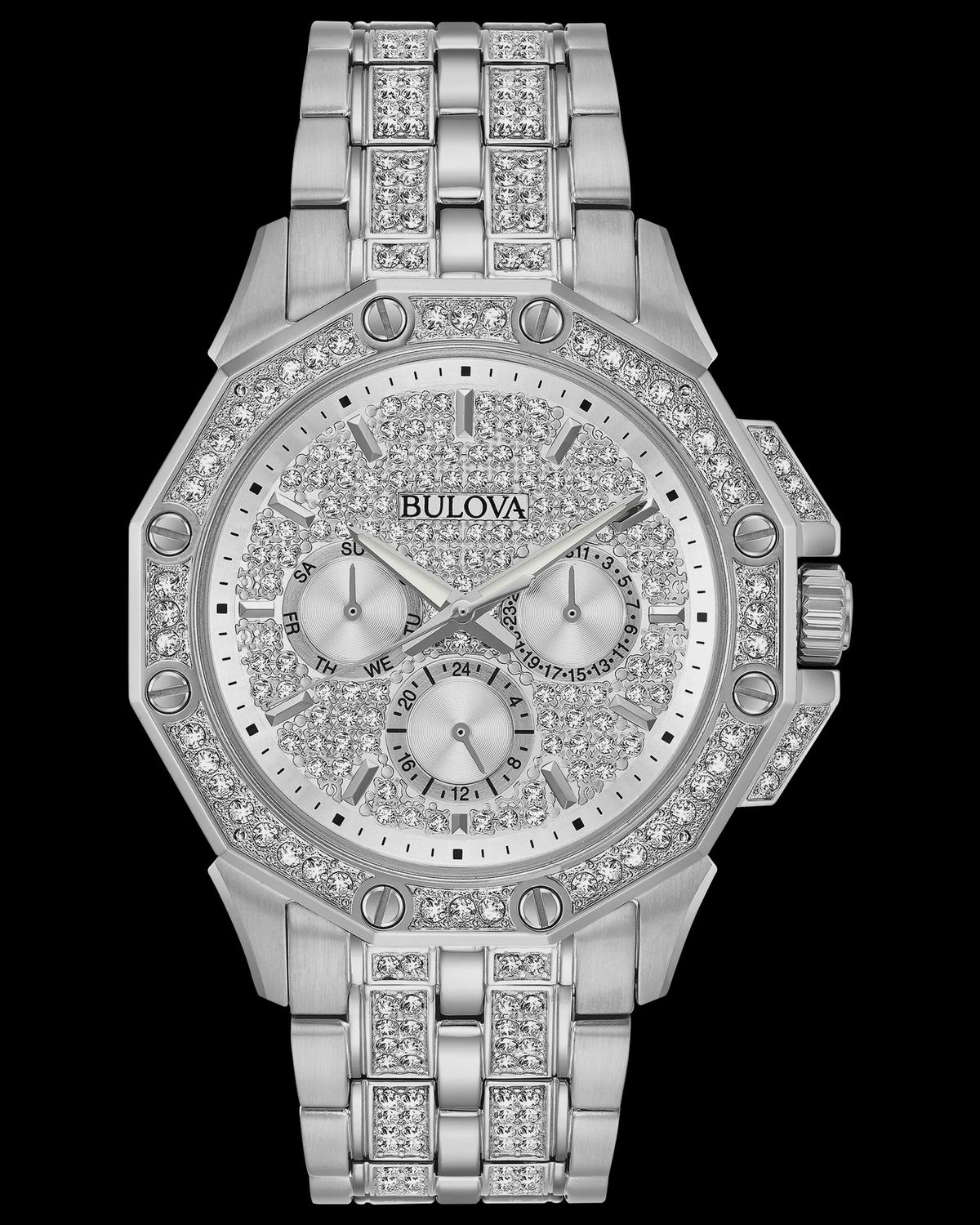 Bulova Octava Crystal Stainless Steel Pave Silver Dial Men's Watch 96C134