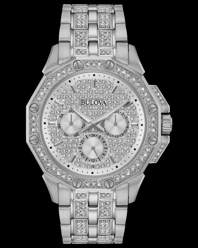 Bulova Octava Crystal Stainless Steel Pave Silver Dial Men's Watch 96C134