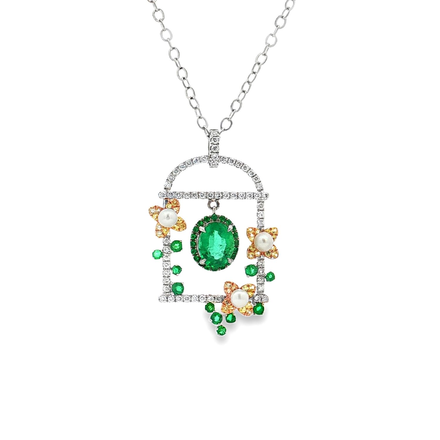 18K White Gold Nature Oval-Shaped Emerald Diamond Pendant XCY0004