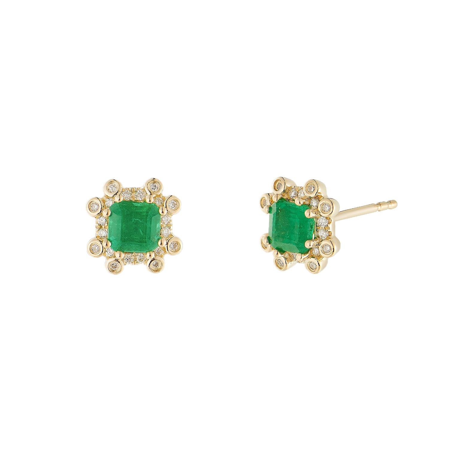 Stud Earrings MZ71085 14K Yellow Gold Emerald Fancy Halo Earrings Natural Diamond, Colour: Yellow