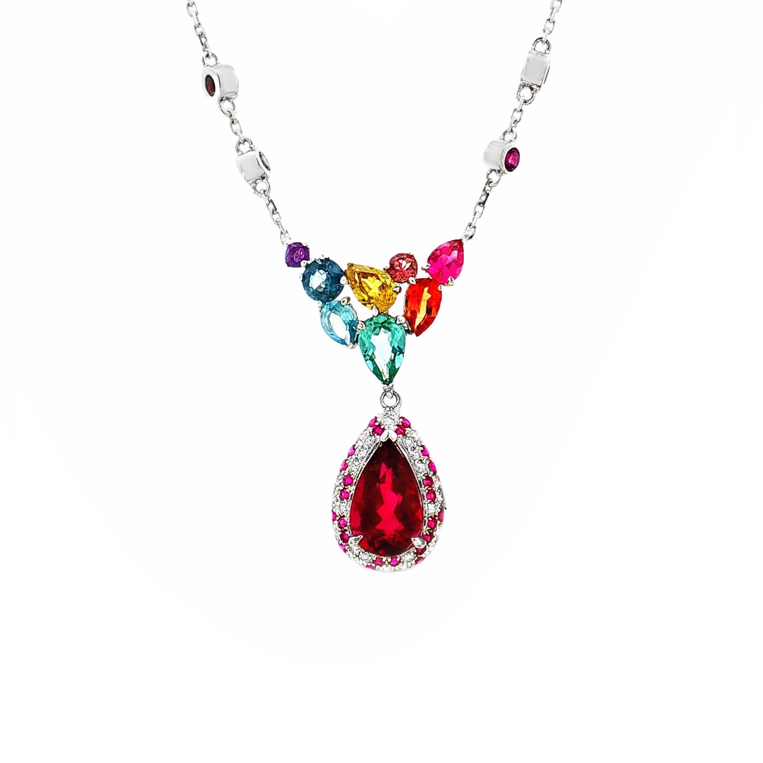 18K White Gold Natural Tourmaline &amp; Rainbow Gemstone Necklace KN0001