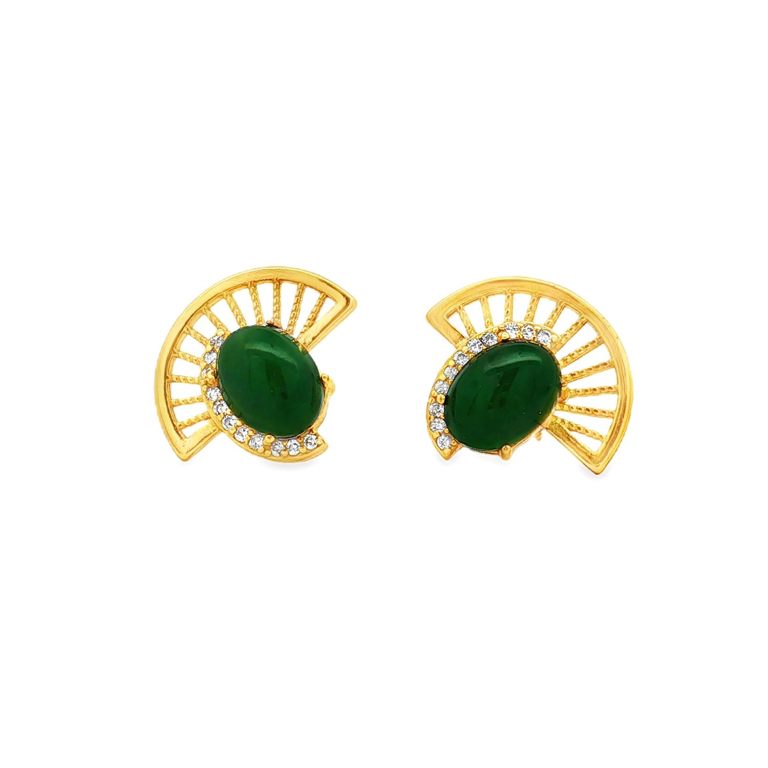 925 Silver Oval-Shaped Jadeite Cubic Zirconia Fan Stud Earrings DQFC0001