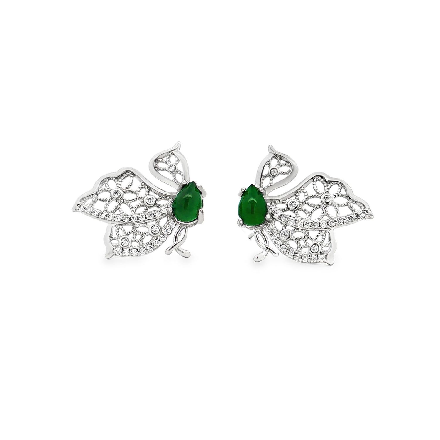 925 Silver Pear-Shaped Jadeite Cubic Zirconia Hollow Butterfly Stud Earrings DQFC0002