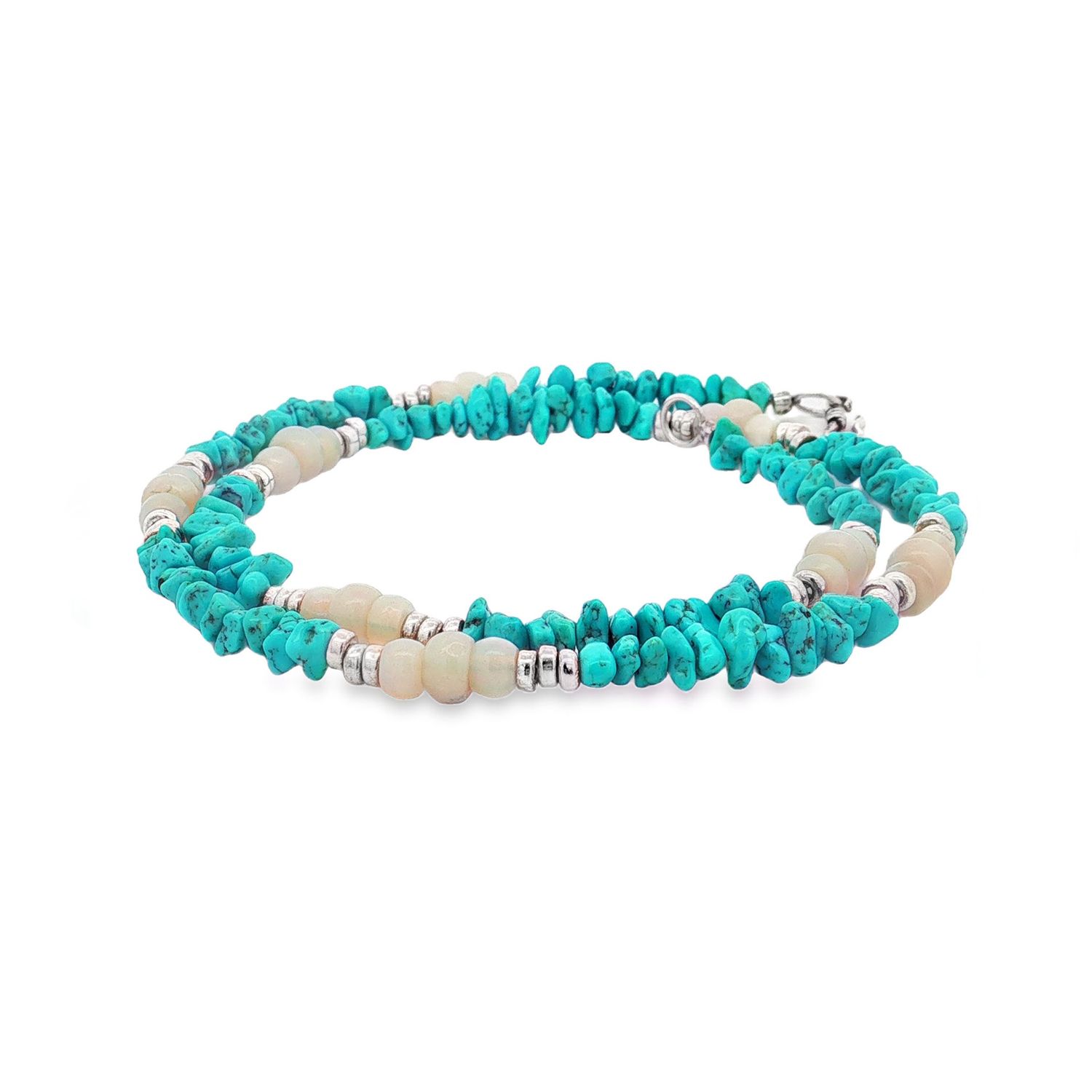 Natural Sky Blue Turquoise &amp; Opal Silver Bead Necklace LYF0018