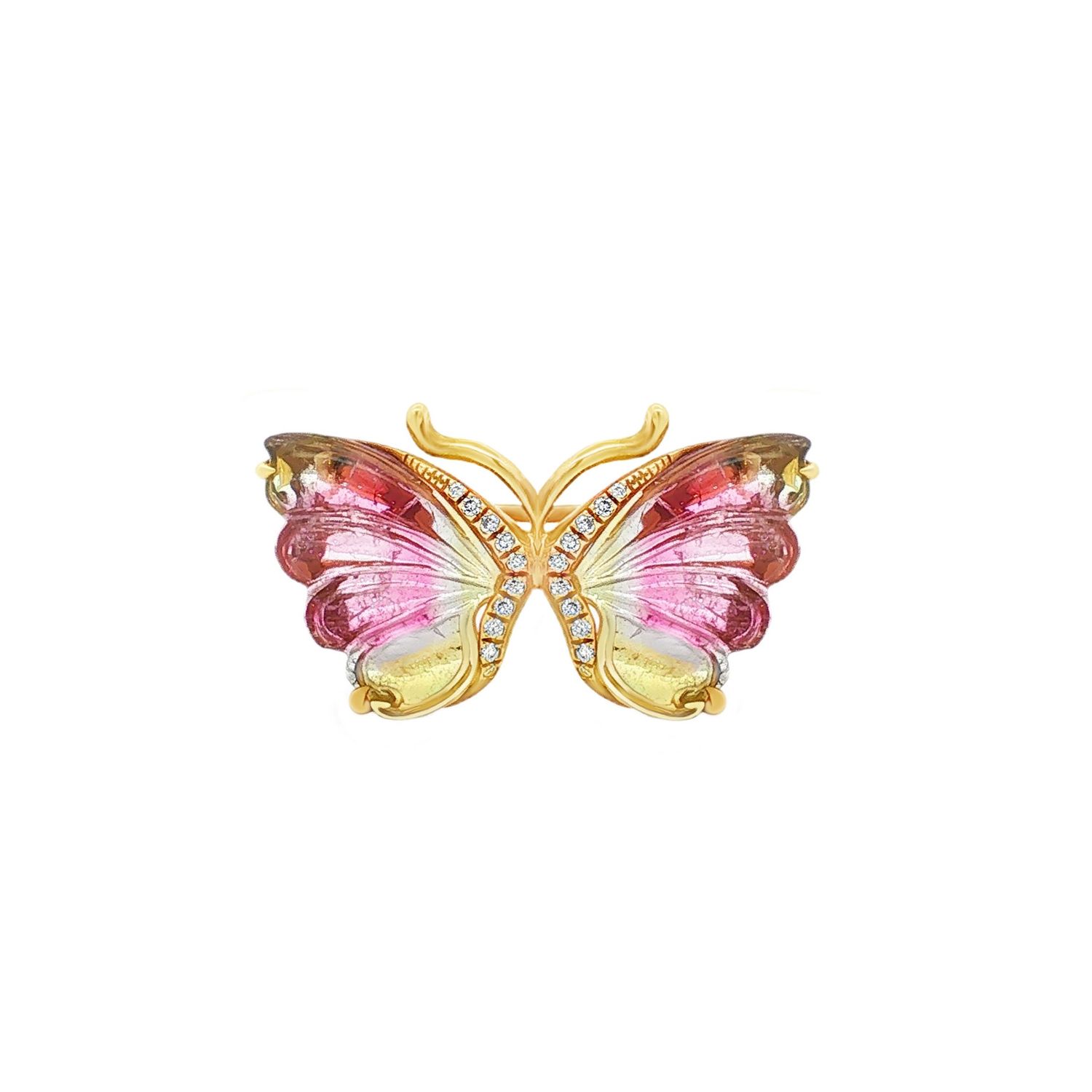 18K Yellow Gold Natural Tourmaline And Diamond Butterfly Brooch Pendant CY0007