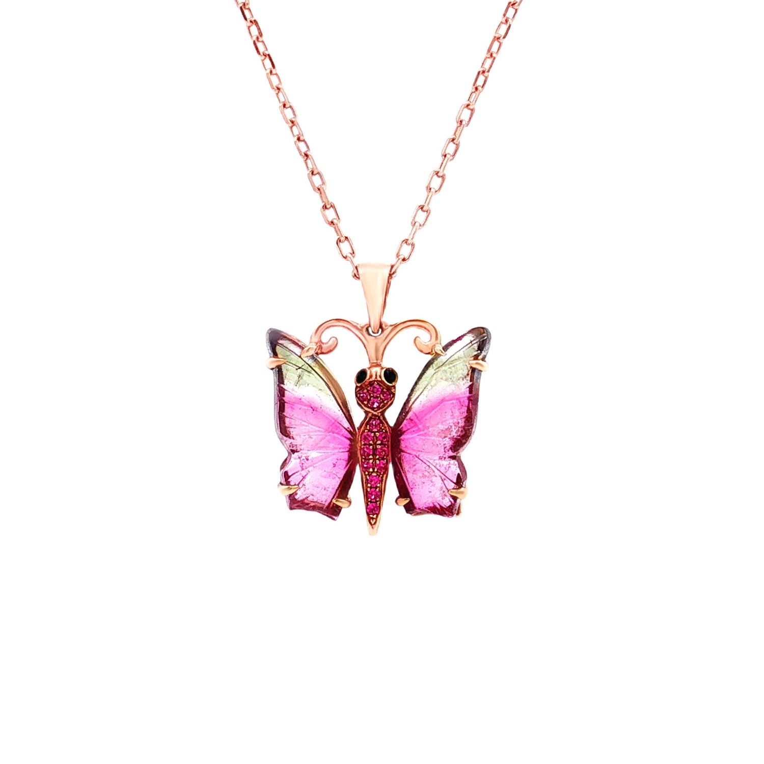 18K Rose Gold Natural Tourmaline And Ruby Butterfly Pendant CY0008