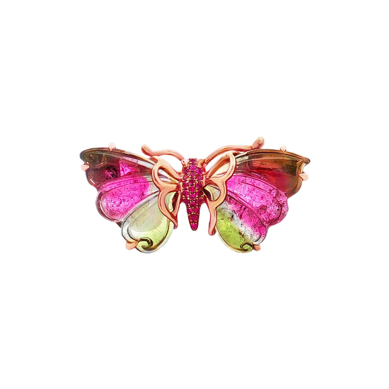18K Rose Gold Natural Tourmaline And Ruby Butterfly Brooch Pendant CY0010