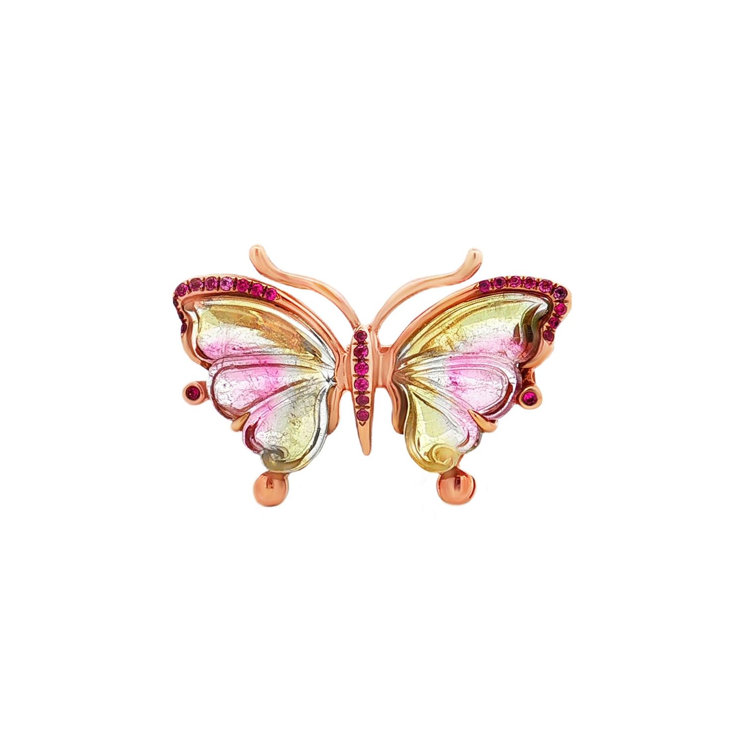 18K Rose Gold Natural Tourmaline And Ruby Butterfly Brooch Pendant CY0009