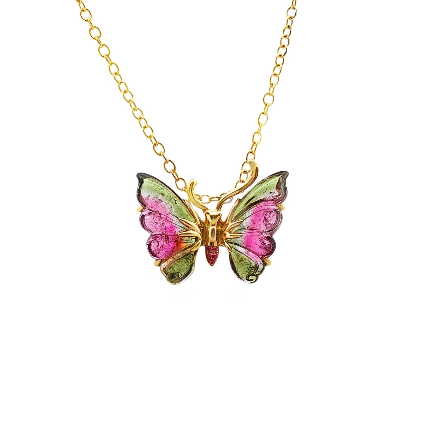 18K Yellow Gold Natural Tourmaline And Ruby Butterfly Pendant CY0012