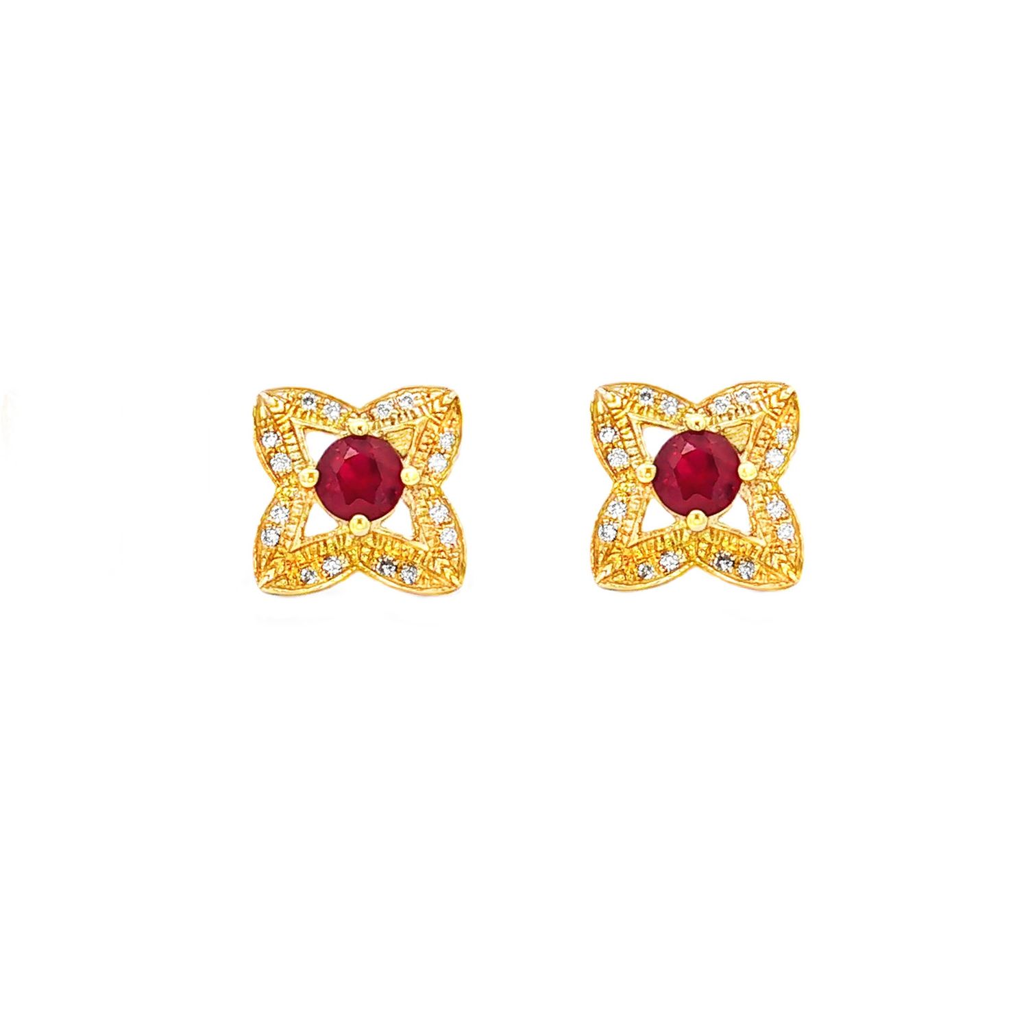 18K Yellow Gold Natural Ruby And Diamond Stud Earrings ZX0012
