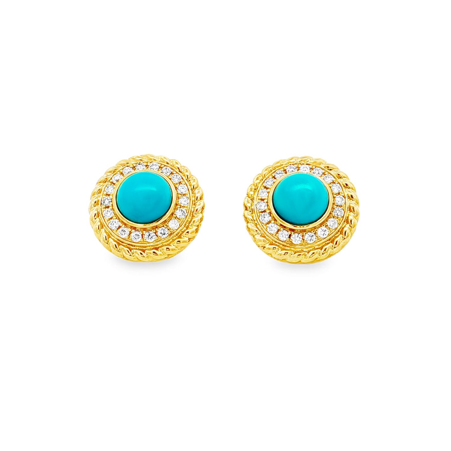 18K Yellow Gold Natural Turquoise And Diamond Stud Earrings ZX0028