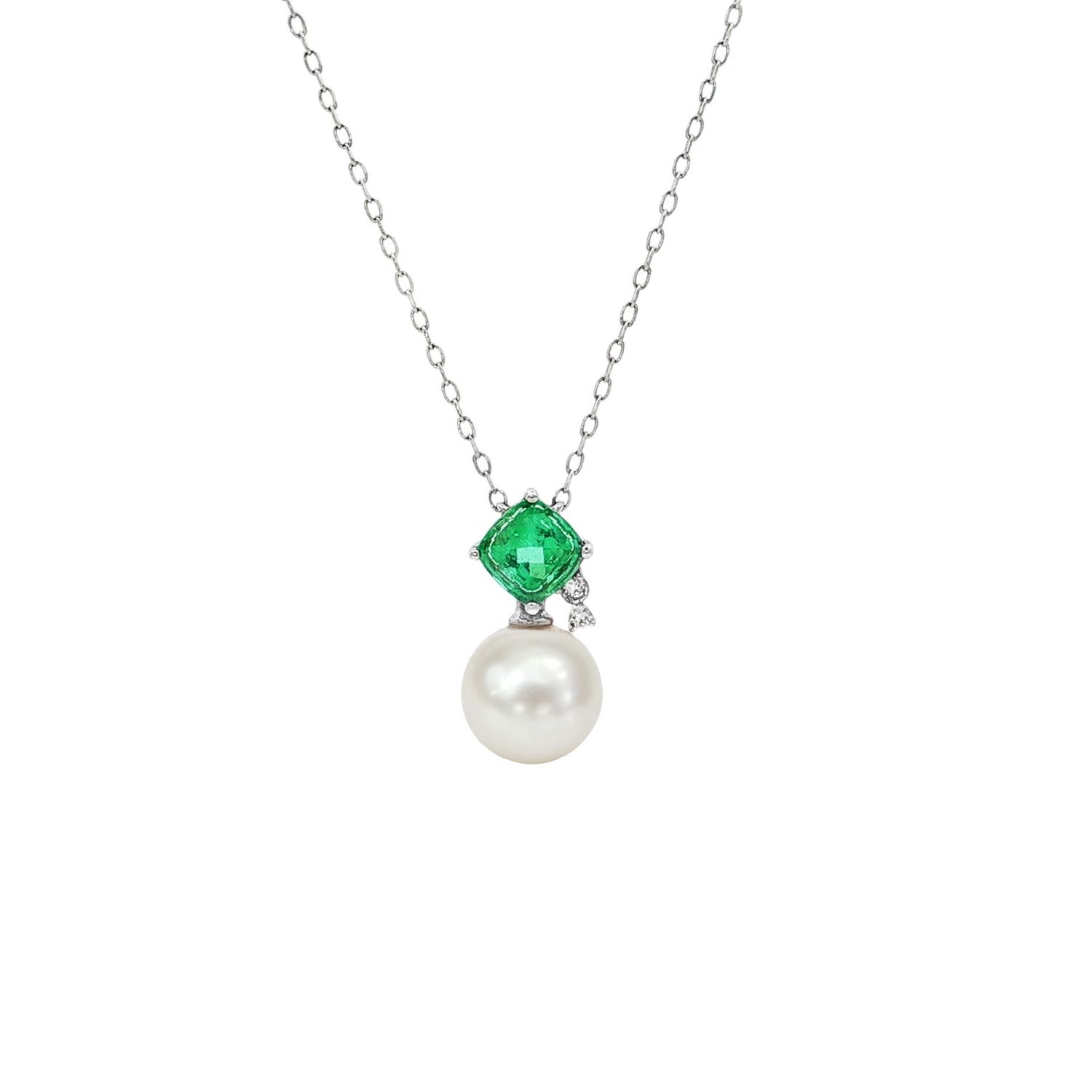 18K White Gold Natural Emerald And Diamond Seawater Pearls Necklace ZX0035