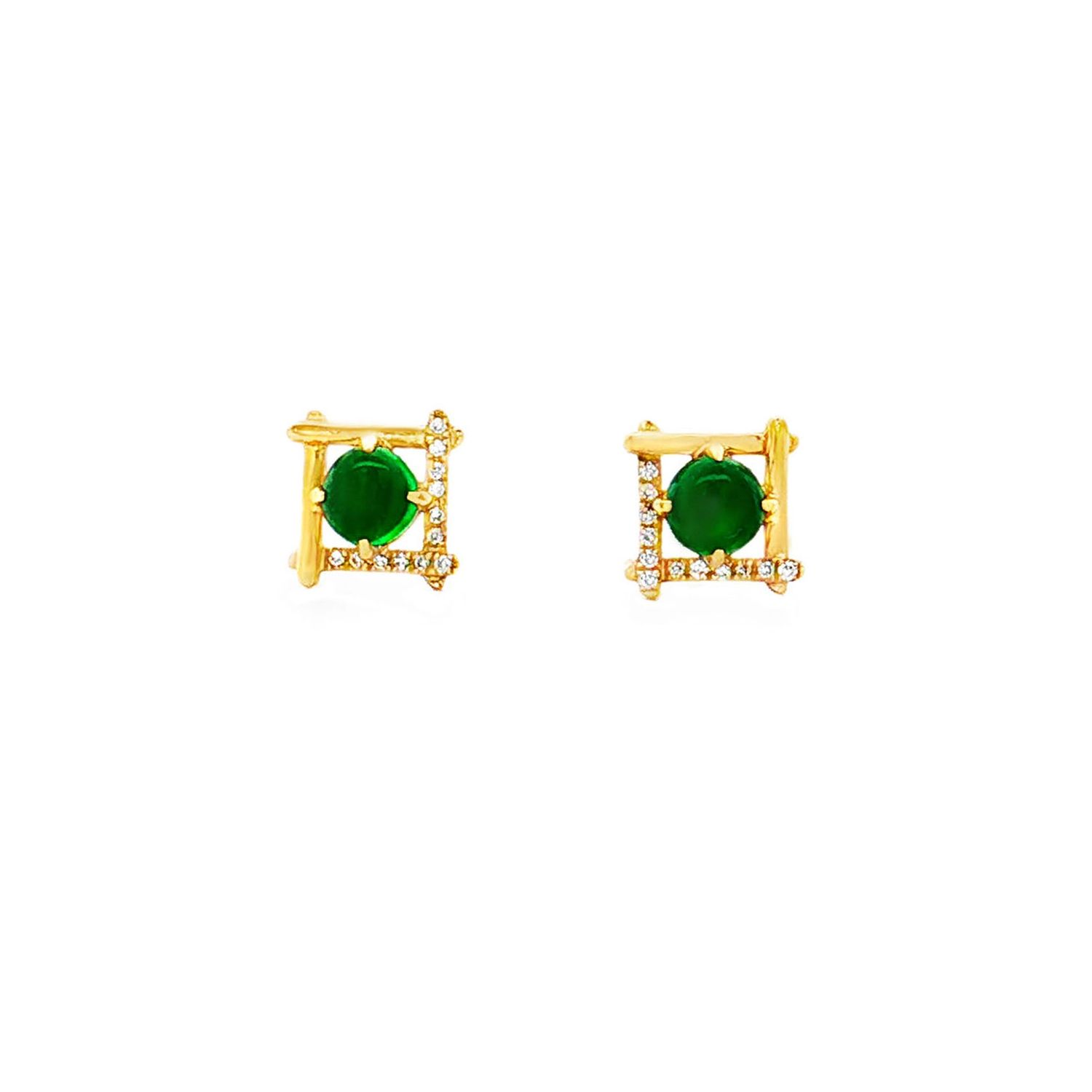 18K Yellow Gold Natural Emerald And Diamond Stud Earrings ZX0041