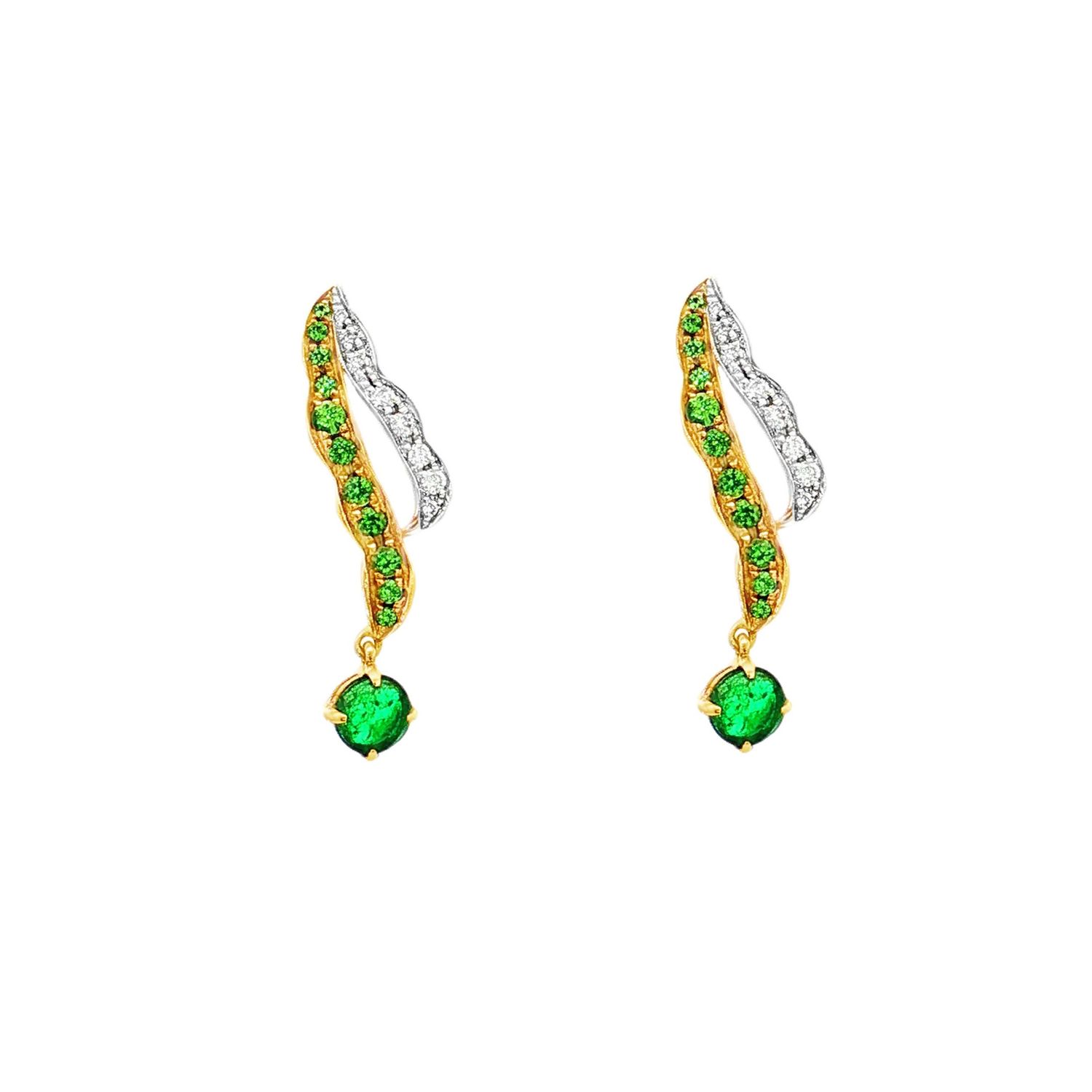 18K Yellow Gold Natural Emerald And Diamond Stud Earrings ZX0042