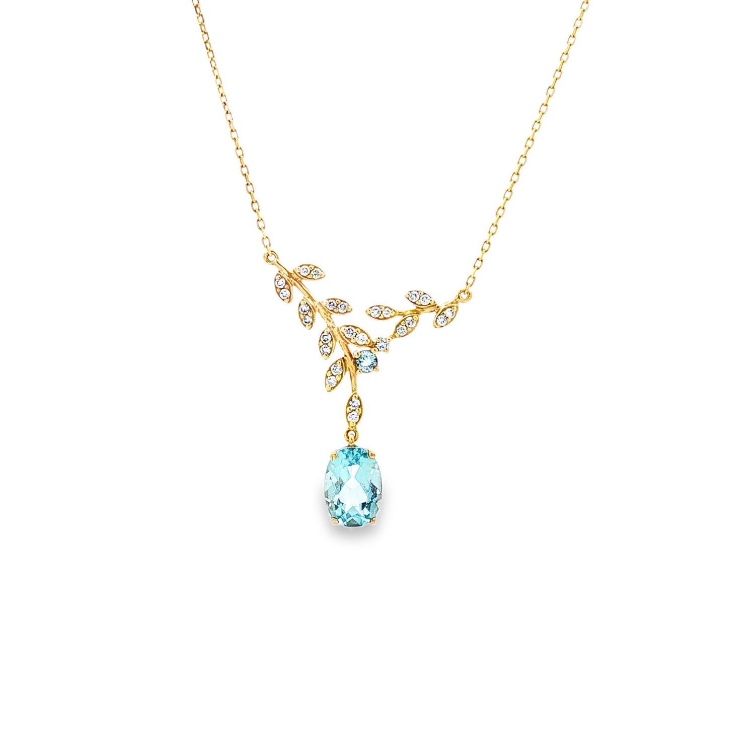 18K Yellow Gold Natural Aquamarine And Diamond Necklace ZX0059