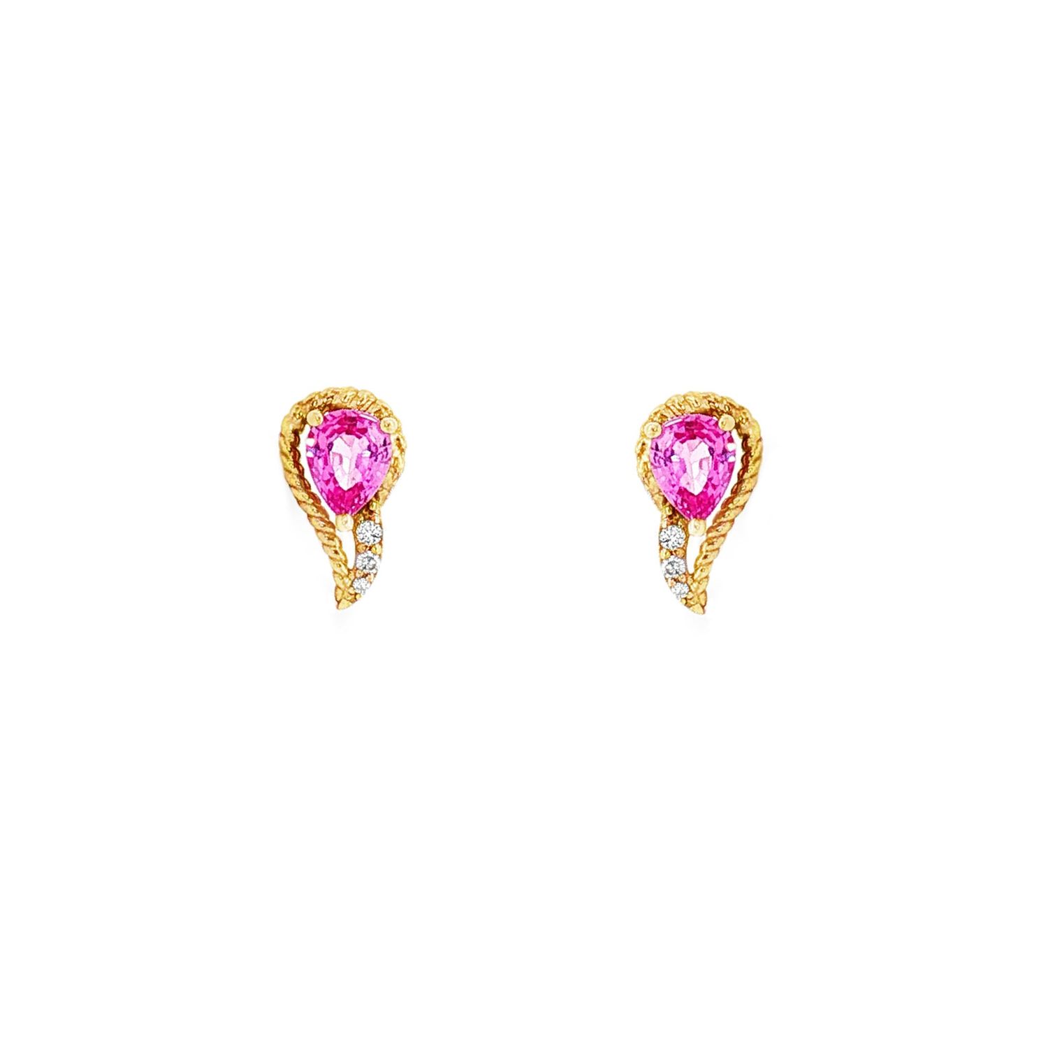 18K Yellow Gold Natural Pink Sapphire And Diamond Stud Earrings ZX0068