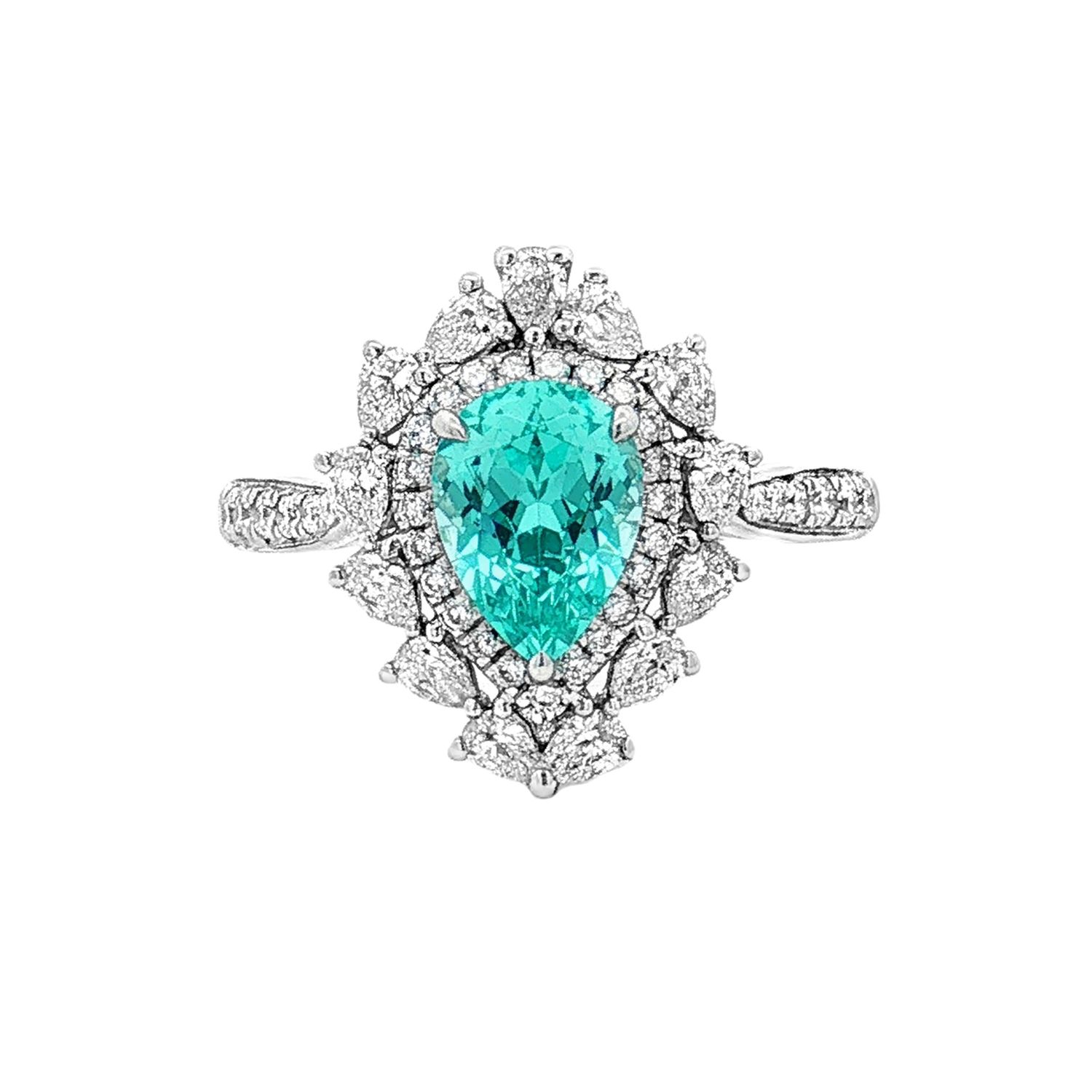 PT950 Platinum Pear Lab Grown Paraiba Tourmaline Halo Diamond Size 7# Ring HX0044